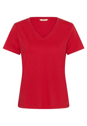 T-shirt rouge en coton à manches courtes avec col en V, ourlet droit et coutures visibles sur fond blanc.