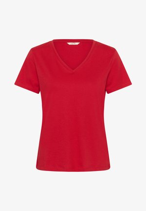 Rood katoenen T-shirt met korte mouwen, V-hals, rechte zoom en zichtbare naden op een witte achtergrond.