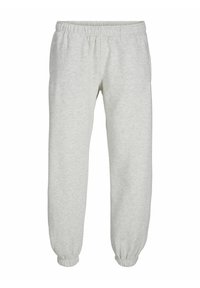 Light gray sweatpants made of soft fabric, featuring an elastic waistband, ankle cuffs, and a relaxed fit without pockets.
