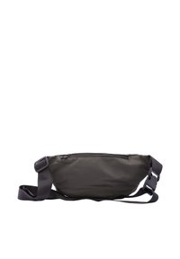 Marsupio in tessuto verde scuro con una texture liscia. Presenta una tasca frontale con zip e una tracolla regolabile con una fibbia in plastica.