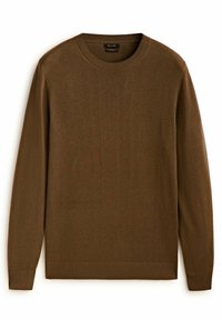 Maglione marrone lavorato a maglia con collo rotondo, maniche lunghe e polsini e orlo a costine. Texture liscia con un design a tinta unita.