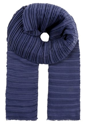 Granatowy prążkowany szalik z pętlą na środku, rozłożony na płasko z dwoma długimi zwisającymi końcami.