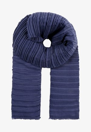 Marineblåt ribstrikket halstørklæde med en løkke i midten, lagt fladt med to lange ender hængende ned.