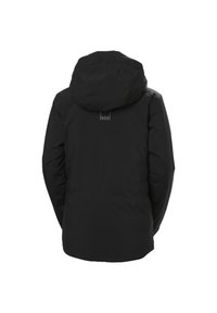 Schwarze wasserdichte Jacke mit Kapuze, die eine glatte Textur und ein minimalistisches Design aufweist. Die Rückansicht zeigt das Logo in der oberen Mitte.