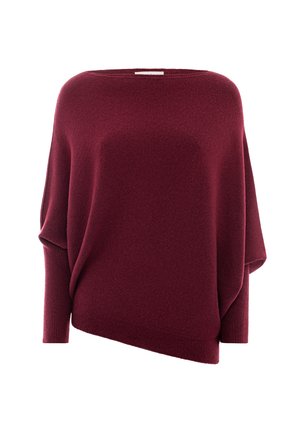 Burgunderfarbener Strickpullover mit asymmetrischem Saum, weitem Ausschnitt und Fledermausärmeln, der eine weiche Textur und gerippte Bündchen aufweist.