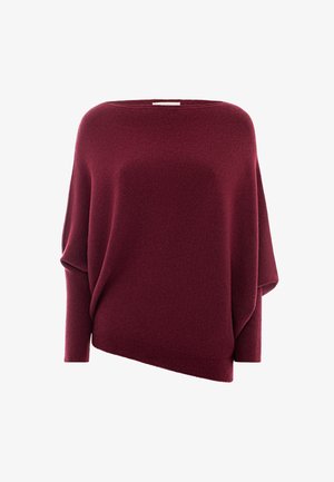 Maglione di maglia bordeaux con orlo asimmetrico, scollatura ampia e maniche a kimono, caratterizzato da una morbida trama e polsini a coste.