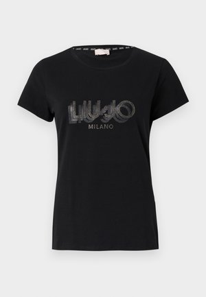 Črna bombažna majica s kratkimi rokavi in okroglo ovratnikom, okrašena z bleščečo logotipno zasnovo, ki se glasi "LIU.JO MILANO."