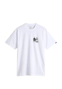 Camiseta de algodón blanca con un estampado gráfico de dos figuras sentadas en negro. Cuello redondo, mangas cortas, con un logo de Vans en la parte inferior.