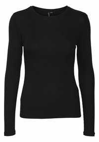 Schwarzes langärmliges Rippoberteil mit Rundhalsausschnitt. Hergestellt aus dehnbarem Stoff, zeichnet es sich durch ein figurnahes Design und nahtlose Bündchen aus.