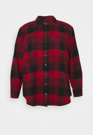 Rot-schwarz kariertes langärmliges Hemd mit Knöpfen und Kragen, flach auf einem weißen Hintergrund liegend dargestellt.