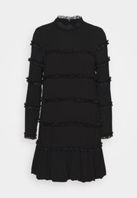 Black dress with long sleeves, featuring ruffled layers across the bodice and a flared skirt. The neckline and sleeve cuffs have lace trim.