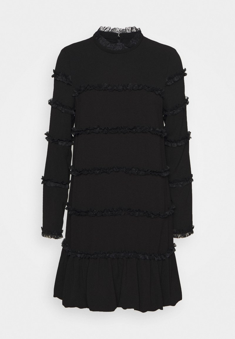 Black dress with long sleeves, featuring ruffled layers across the bodice and a flared skirt. The neckline and sleeve cuffs have lace trim.