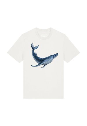 White short-sleeve t-shirt with a detailed blue whale illustration swimming upward in the center front.