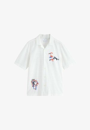 Weißes Hemd mit kurzen Ärmeln und Knöpfen, verziert mit bunten, roten, blauen und schwarzen Blumenstickereien. Leichter Stoff mit lockerer Passform.