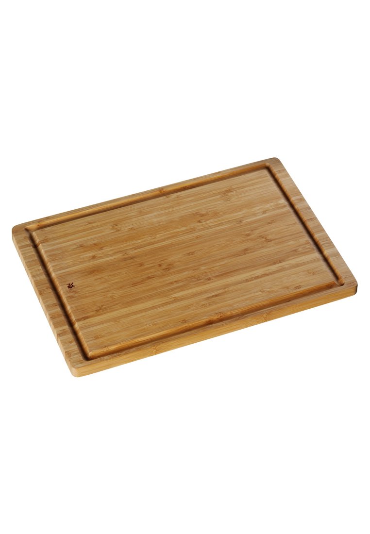 Planche à découper en bambou de forme rectangulaire, avec une texture lisse et une rainure le long du bord pour retenir les jus. Couleur brun clair naturel.