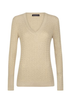 Maglione beige a collo a V con texture a coste, maniche lunghe e orlo aderente. Realizzato in un morbido materiale a maglia con un sottile motivo a trecce.
