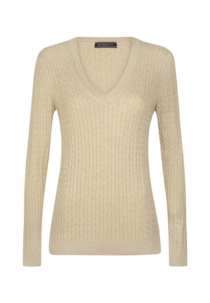 Beige V-Ausschnitt-Pullover mit gerippter Textur, langen Ärmeln und schmalem Saum. Hergestellt aus einem weichen Strickmaterial mit einem dezenten Kabelmuster.
