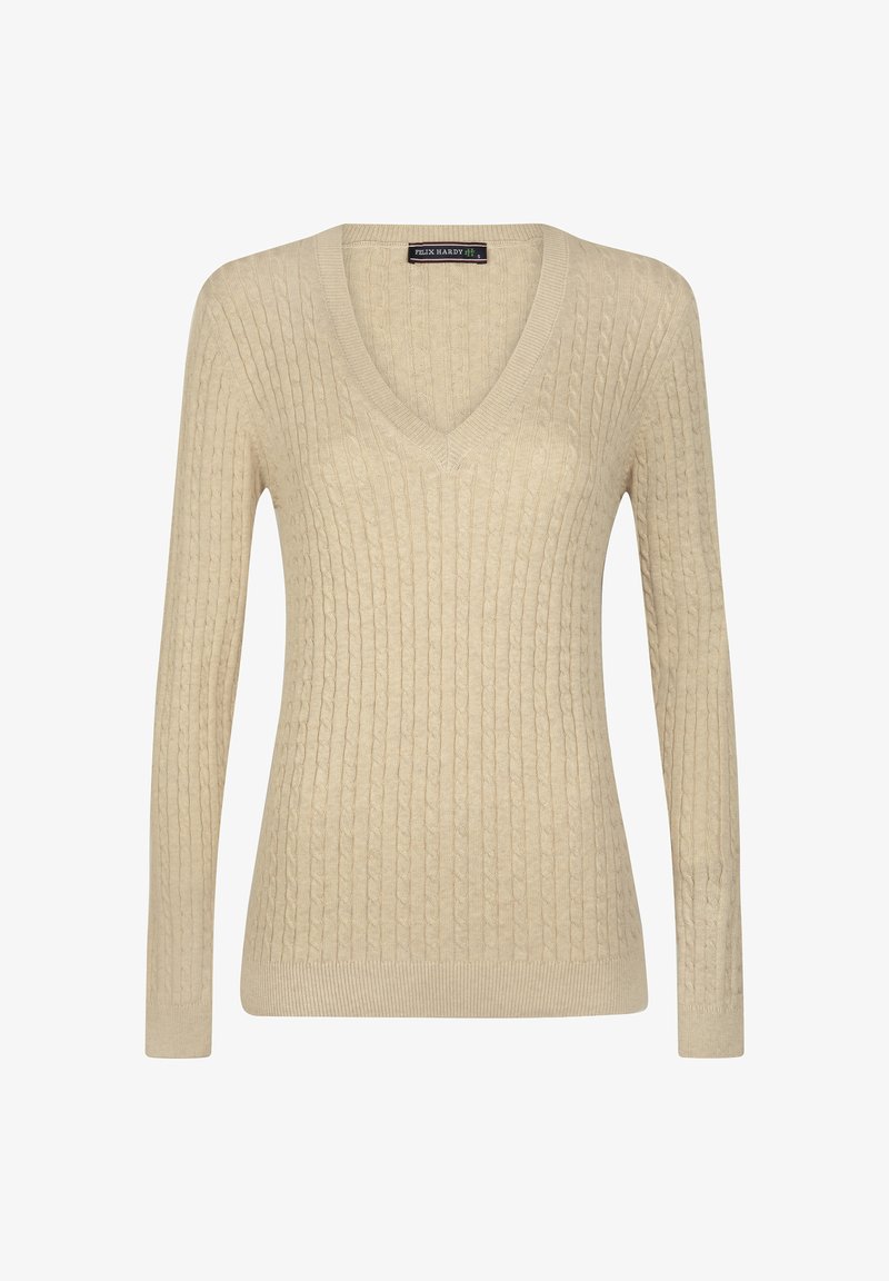 Beige V-Ausschnitt-Pullover mit gerippter Textur, langen Ärmeln und schmalem Saum. Hergestellt aus einem weichen Strickmaterial mit einem dezenten Kabelmuster.