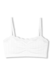 Witte bralette met kant aan de bovenkant, voorzien van een geraffineerd midden en verstelbare dunne bandjes, gemaakt van zachte, rekbare stof.