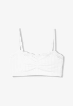 Witte bralette met kant aan de bovenkant, voorzien van een geraffineerd midden en verstelbare dunne bandjes, gemaakt van zachte, rekbare stof.