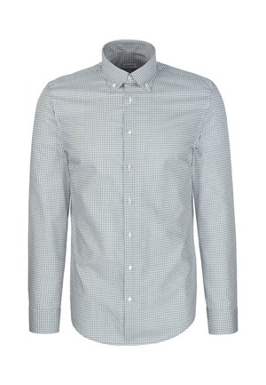 Herrenshirt mit langen Ärmeln, kleinem schwarz-weiß kariertem Muster und Knopfkragen.