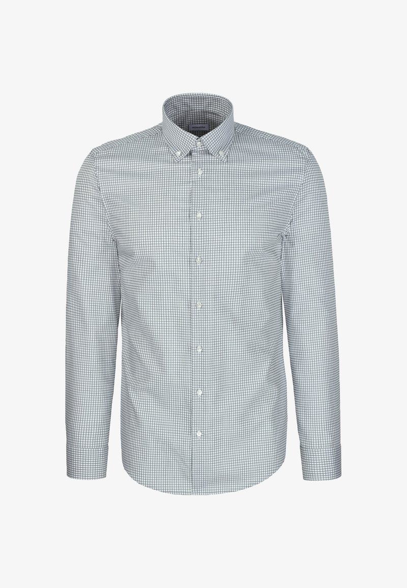 Chemise homme à manches longues avec un petit motif à carreaux noir et blanc et un col boutonné.