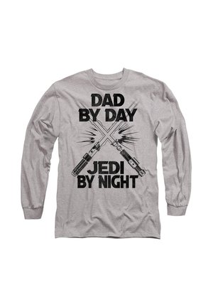 Gray long-sleeve shirt with crossed lightsabers and text reading "Dad by day, Jedi by night" in bold black letters.