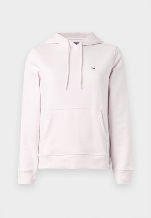 Vaaleanpunainen collegepaita hupulla, jossa on edessä tasku, kiristysnauha hupussa ja pieni kirjailtu logo rinnassa. Pehmeä kankaan rakenne.