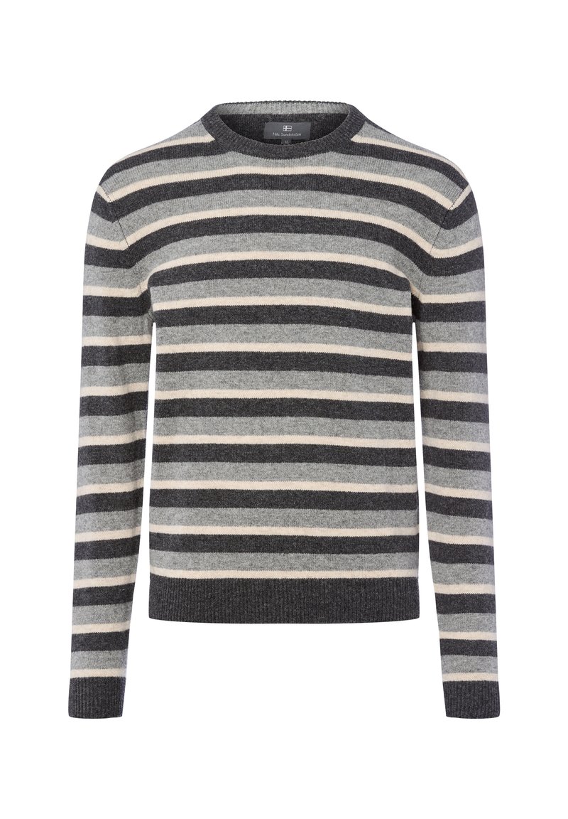 Gestreifter Pullover mit blauen und hellgrauen horizontalen Streifen, geripptem Rundhalsausschnitt und langen Ärmeln. Weicher Stoff mit klassischer Passform.