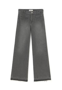 Jeans gris de pierna ancha hechos de denim, con un dobladillo sin terminar, diseño de cinco bolsillos y cierre frontal de botón.