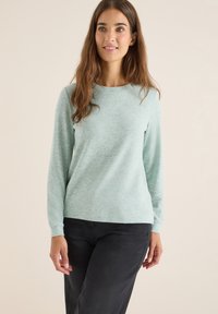 Hellgrüner Pullover mit langen Ärmeln und Rundhalsausschnitt, aus einem strukturierten Stoff gefertigt. Kombiniert mit schwarzen Hosen. Einfaches Design, keine Muster oder Akzente.