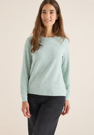 Pull long à manches longues vert clair avec un col rond, fabriqué à partir d'un tissu texturé. Associé à un pantalon noir. Design simple, sans motifs ni accents.