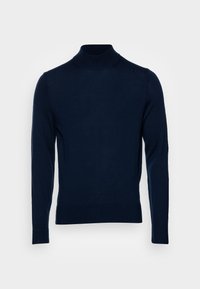 Pull col roulé bleu marine à manches longues, avec poignets et ourlet côtelés. Confectionné en tissu tricoté texturé, avec un petit logo sur la poitrine.