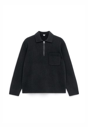 Black knit pullover with a collar, quarter-zip front, and a patch pocket on the left side. Features ribbed cuffs and hem. Soft texture.