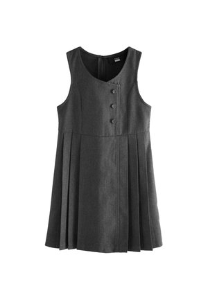 Ärmelloses, dunkelgraues, plissiertes Kleid mit asymmetrischer, geknöpfter Vorderseite und rundem Ausschnitt, Reißverschluss am Rücken.