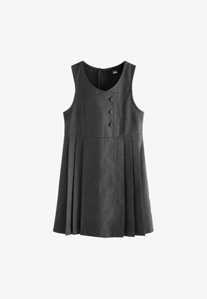 Tamnosiva bez rukava nabran haljina s asimetričnim prednjim dijelom s gumbima i okruglim izrezom, zatvaranje na patentni zatvarač na stražnjoj strani.