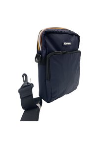 Dunkelblaue Stoff-Schultertasche mit mehreren Reißverschlussfächern, einem abnehmbaren Schultergurt und orangefarbenen, gelben und roten Akzenten entlang des oberen Reißverschlusses.