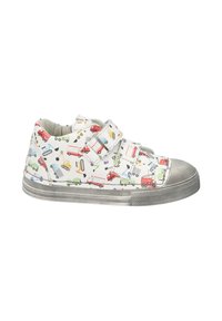 White children's sneaker with gray rubber sole and toe cap, decorated with colorful construction and fire truck patterns, featuring two Velcro straps.