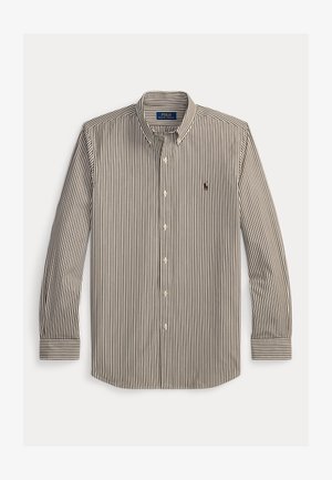 Chemise boutonnée à manches longues avec des rayures verticales marron et blanches, col boutonné et logo Polo Ralph Lauren sur la poitrine gauche.