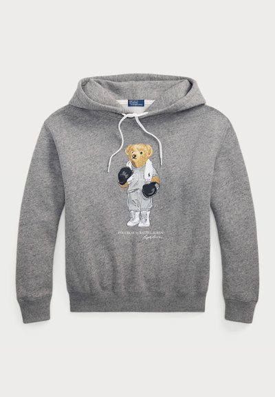 Felpa grigia realizzata in cotone misto, caratterizzata da una grafica di un orso in abbigliamento da boxe con un asciugamano, tasca a marsupio e cappuccio con cordino.