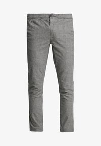 Pantalon slim gris à motif à carreaux, fermeture par boutons et sans poches visibles, présenté sur fond blanc.
