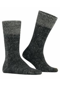 Dunkelgraue Strümpfe mit hellen Sprenkeln, mit einem gerippten Saum. Aus weichem Material gefertigt, bieten sie Komfort und Wärme.