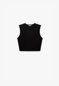 Top corto negro, diseño sin mangas, escote redondo, textura suave, hecho de un tejido elástico, construcción simple y minimalista.