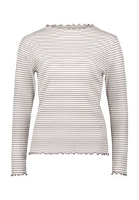 Langärmliges Oberteil in hellem Creme mit dünnen braunen Streifen, mit einem gerüschten Ausschnitt und Ärmelbündchen. Hergestellt aus geripptem Stoff.