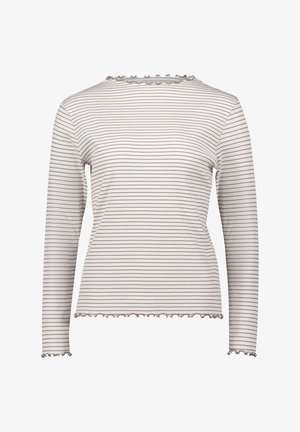 Langärmliges Oberteil in hellem Creme mit dünnen braunen Streifen, mit einem gerüschten Ausschnitt und Ärmelbündchen. Hergestellt aus geripptem Stoff.