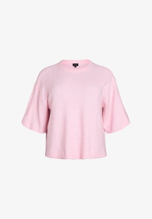 Różowy sweter z krótkim rękawem wykonany z miękkiego materiału, z okrągłym dekoltem i luźnym krojem. Żebrowane detale u dołu i na rękawach.