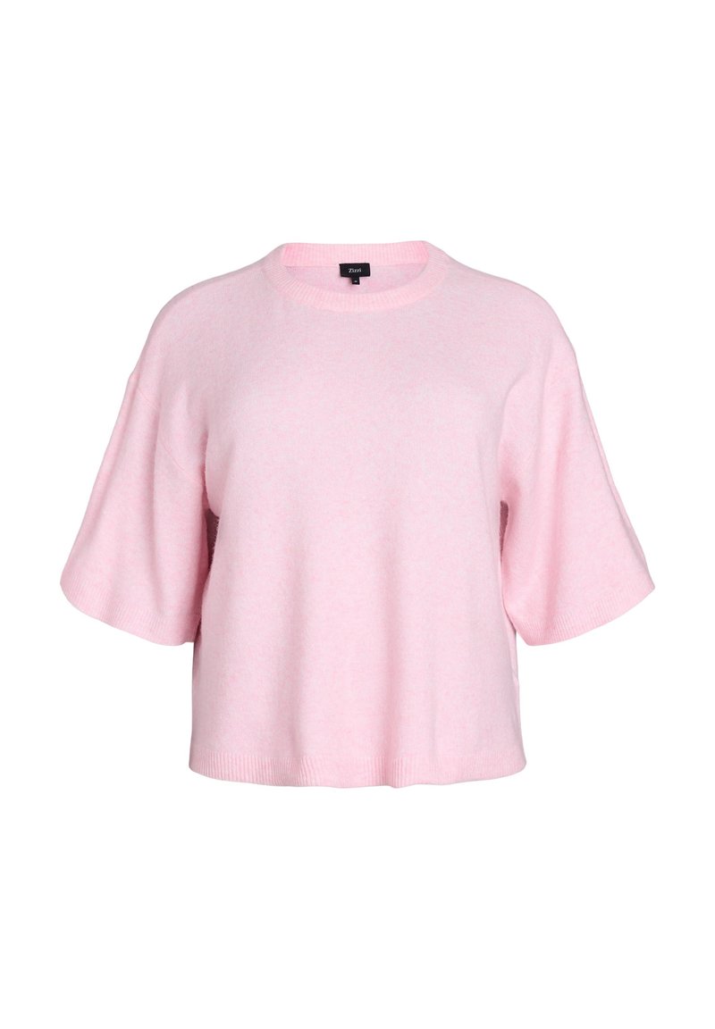 Rosa kortärmad tröja i mjukt material, med rund halsringning och en avslappnad passform. Ribbad nederdel och ärmar.