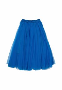 Blauwe tule rok met een elastische tailleband, gelaagd ontwerp en een volumineuze silhouet, gemaakt van doorzichtig, lichtgewicht materiaal.