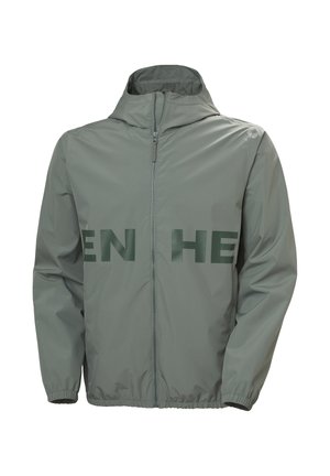 Hellgraue Kapuzenjacke mit Reißverschluss, elastischen Bündchen und teilweise sichtbarem dunkelgrünem Text über der Brust.