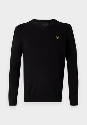 Maglione nero a scollo a V in un morbido tessuto a maglia, con maniche lunghe e un logo giallo ricamato sul lato sinistro del petto. Design semplice.